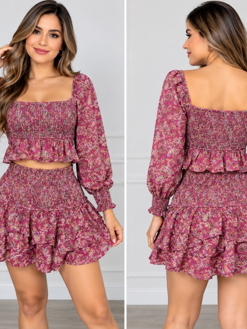 Storia Raspberry Set Floral Smocked Tiered Mini Skirt